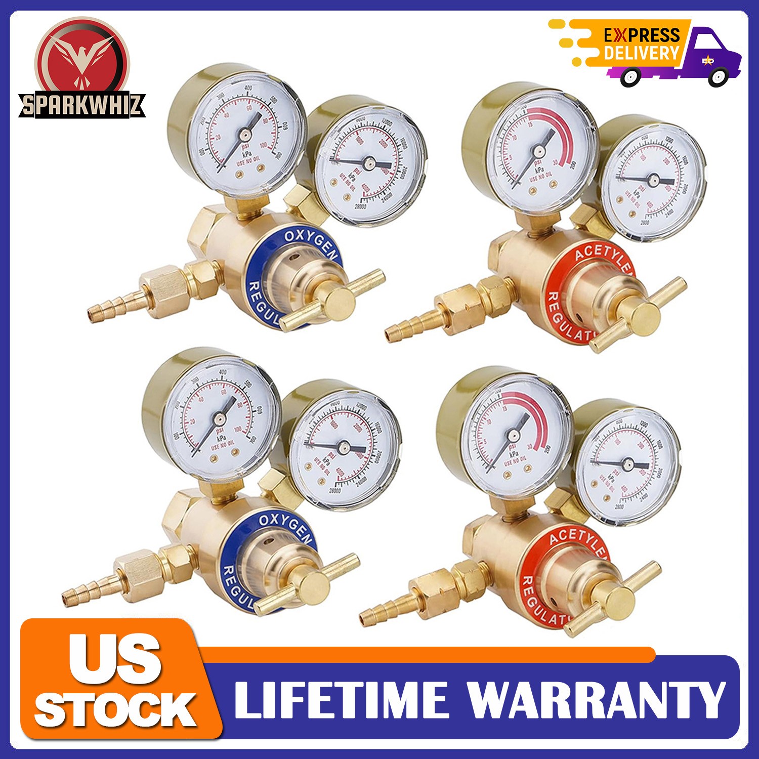 4 PACK Oxygen and Acetylene Regulators Welding Gas Gauges CGA540 and CGA200 USA