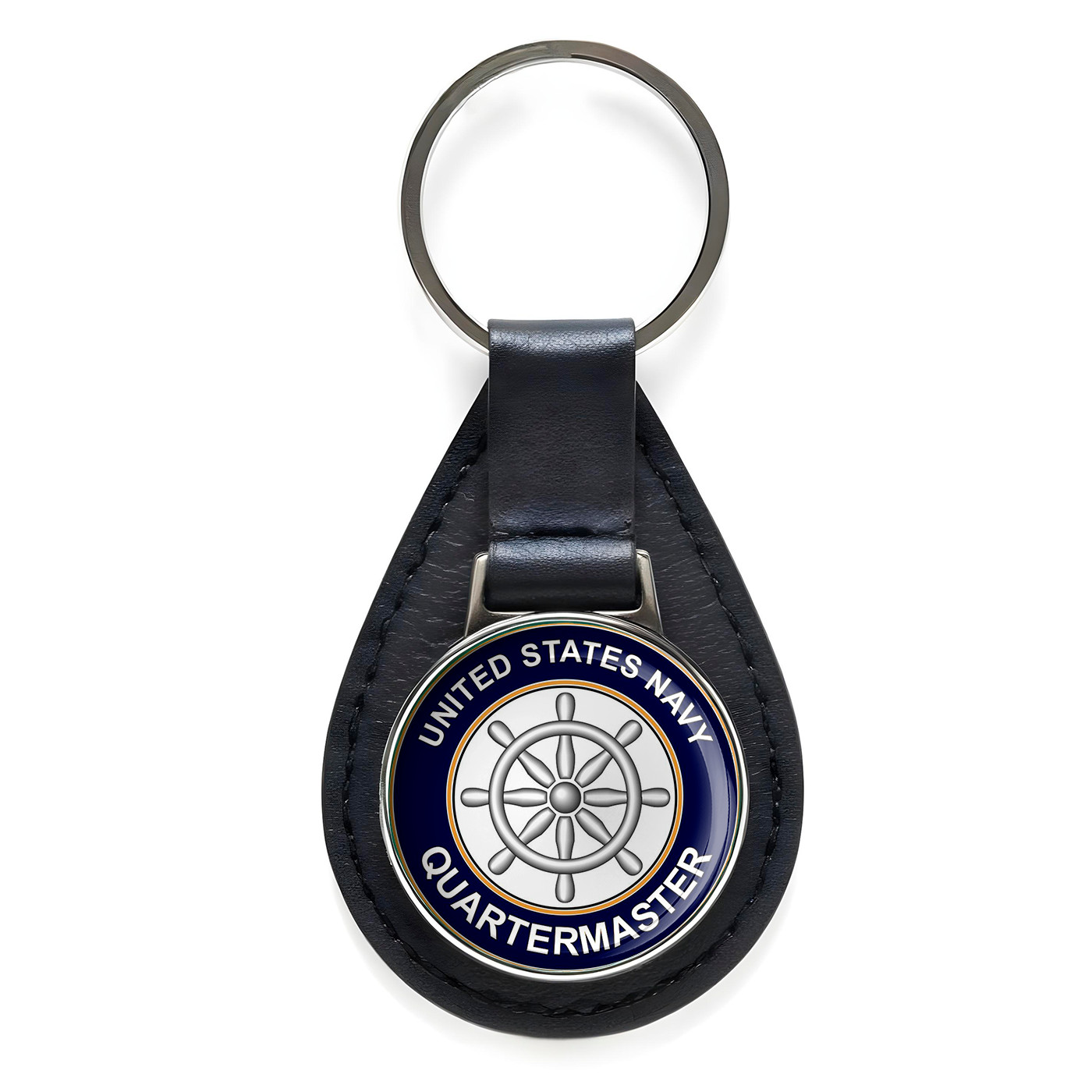 U.S. Navy Quartermaster QM Black Leather Keychain Silver Keyring Military Gift