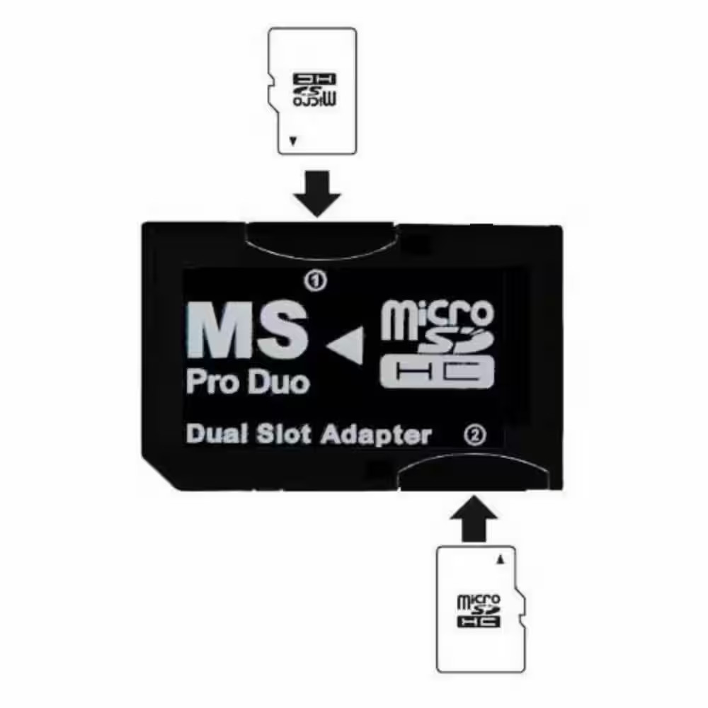 Dual Slot Microsd to MS PRO DUO Adapter for Sony PSP, Converts 2-Microsd or Micr