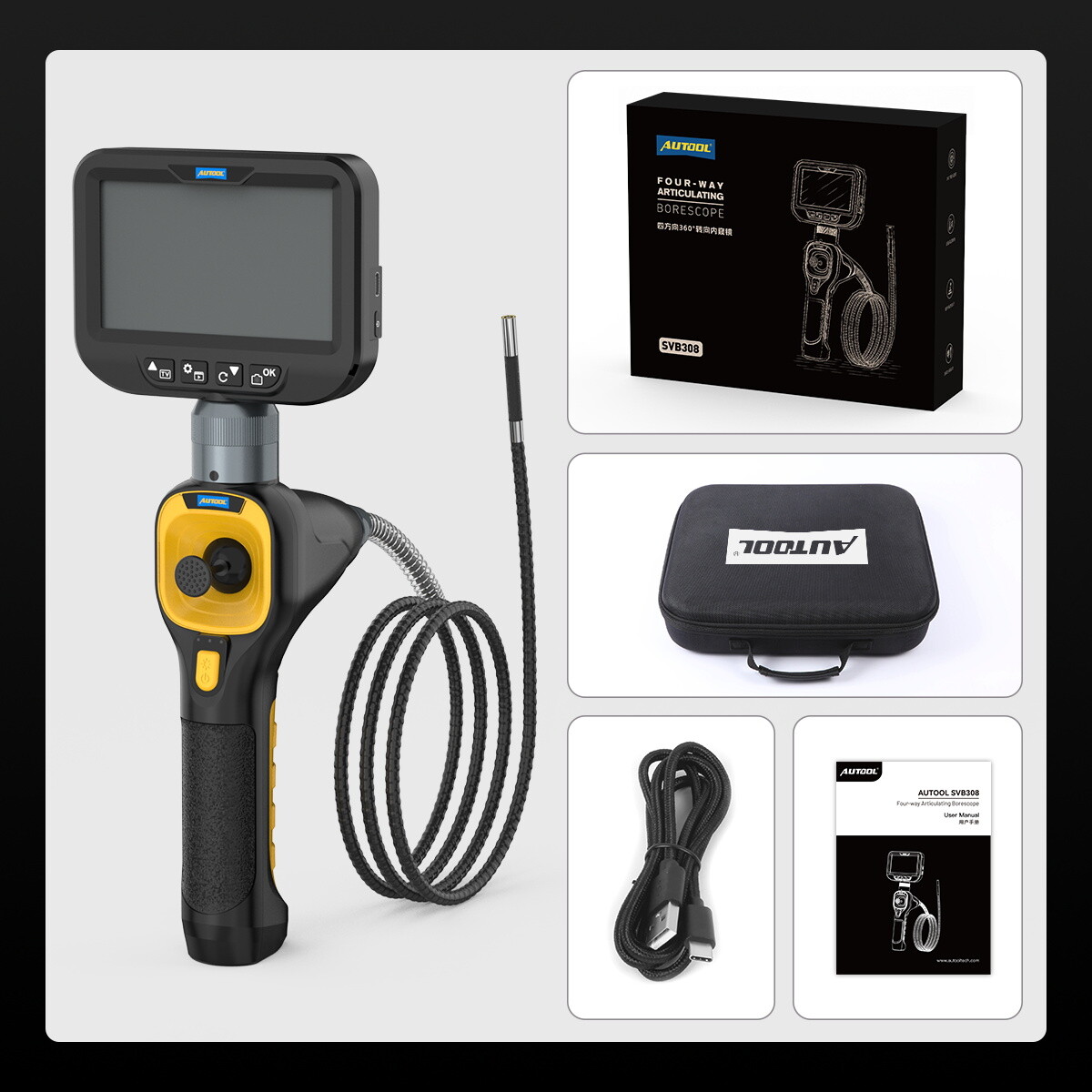 Four-Way 360° Industrial Endoscope Inspection Camera Articulating Borescope 4.3"