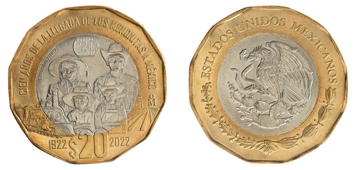 2022 BIMETALIC MEXICAN COIN $20 PESOS CIEN AÑOS DE LA LLEGADA DE LOS MENONITAS