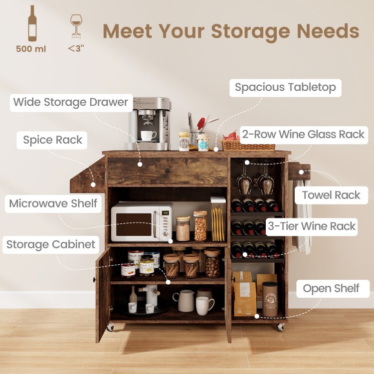 Multifunctional Drop-Leaf Kitchen Island Mobile Cart with 360° Rolling Casters