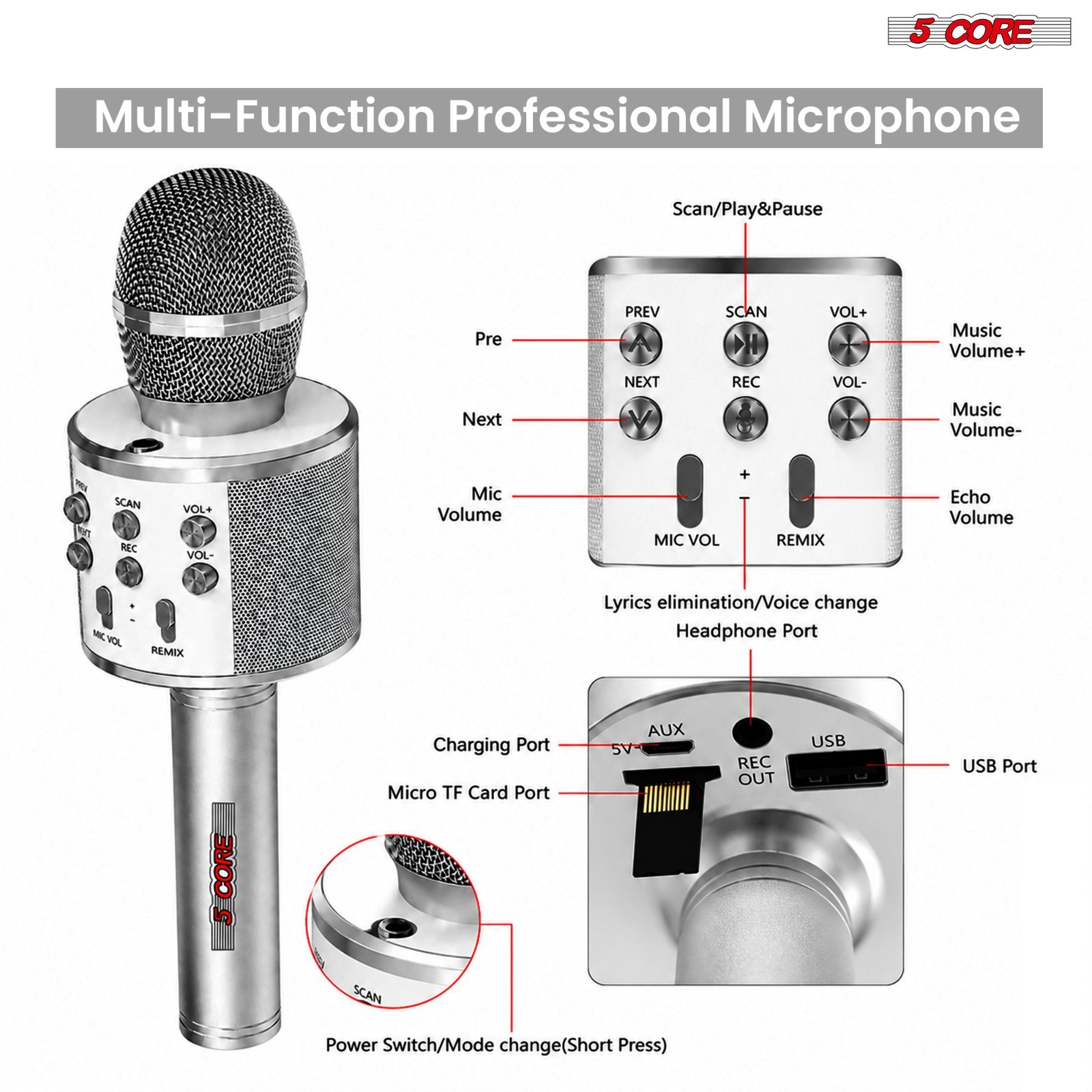 5 Core Microphone Wireless Karaoke Mic with Speaker Portable Bluetooth Microfono
