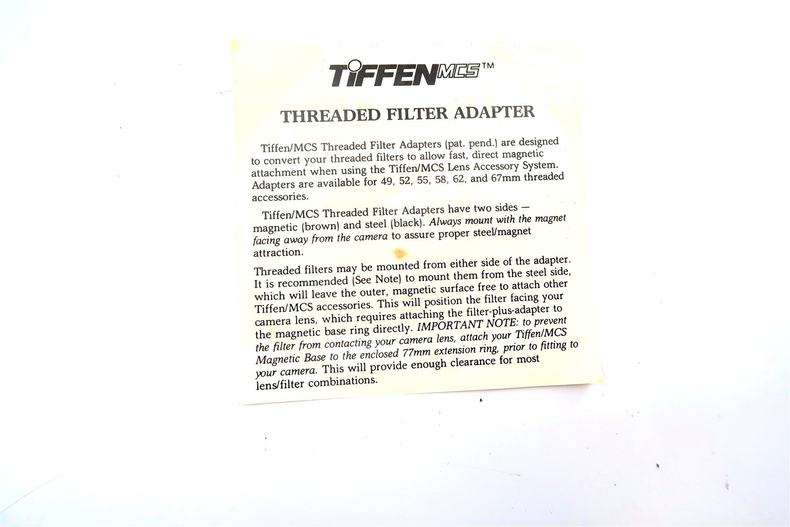 TIFFEN MCS 52mm Adapter Ring Treaded Magnetic with Original Box