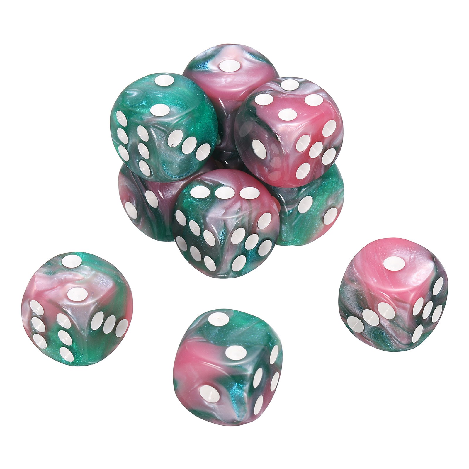 10Pcs 6 Sided Standard Dice, Acrylic D6 Pearl Pattern Dice (Green and Pink)