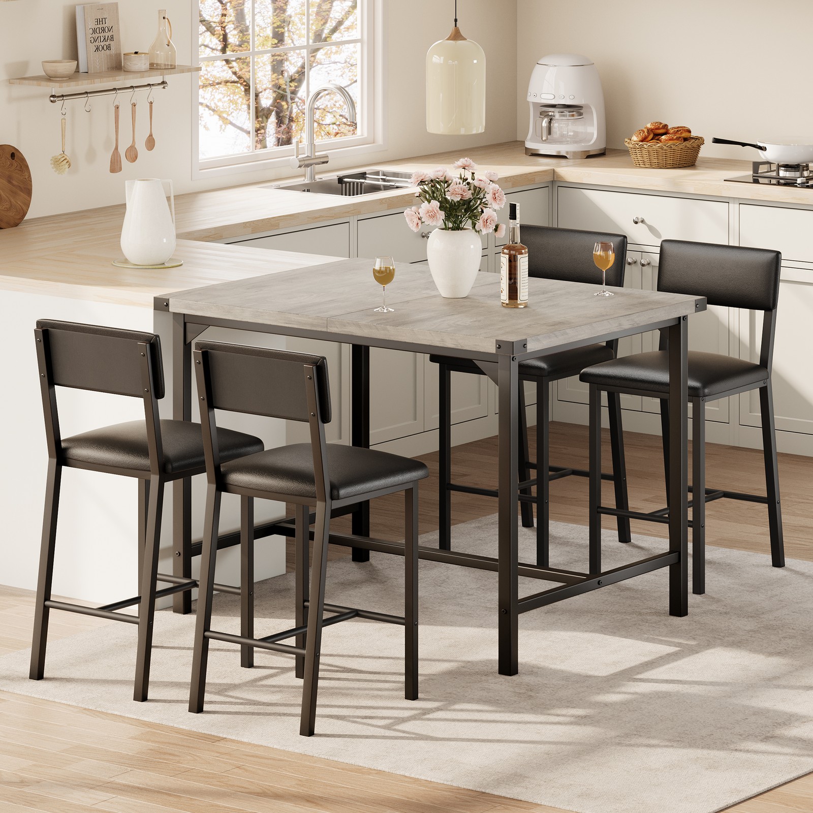 5-Piece Kitchen Table Set Counter Height Table with 4 Upholstered Bar Chairs