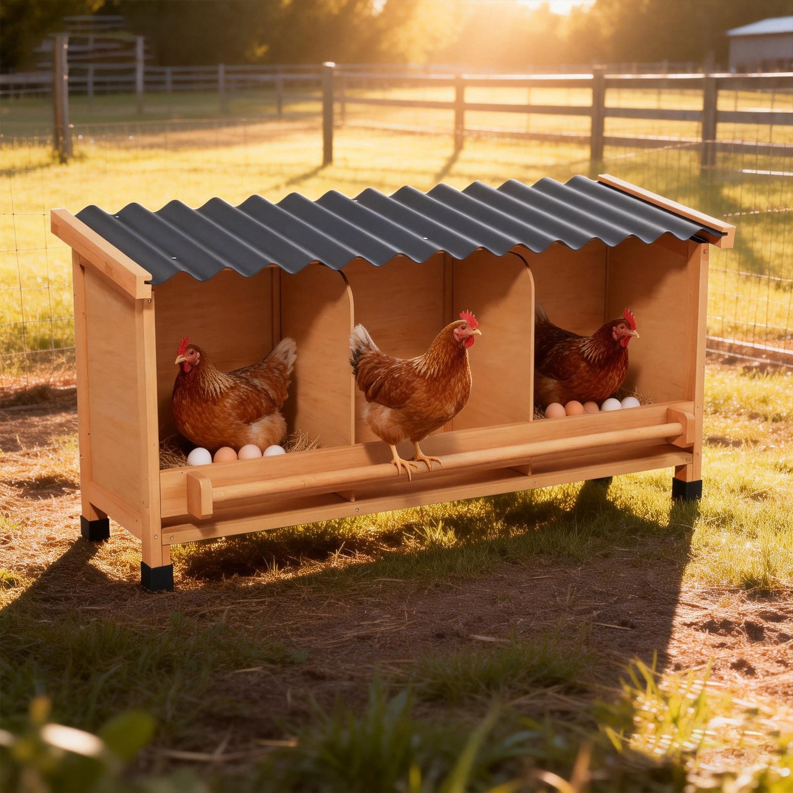 3 Hold All Weather Wooden Chicken Nesting Boxes with Entry Roost ,Natural