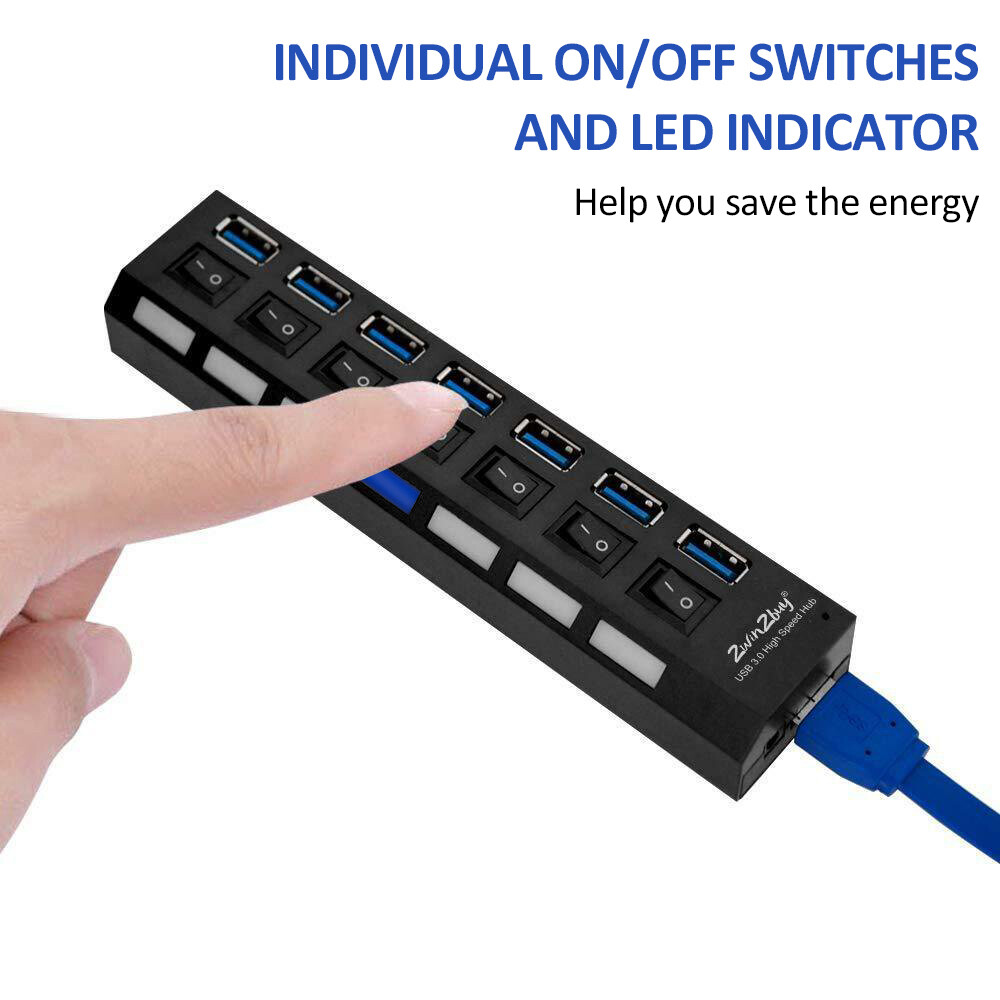 7 Port USB 3.0 Hub Splitter Adapter High Speed Extension For PC Laptop Desktop