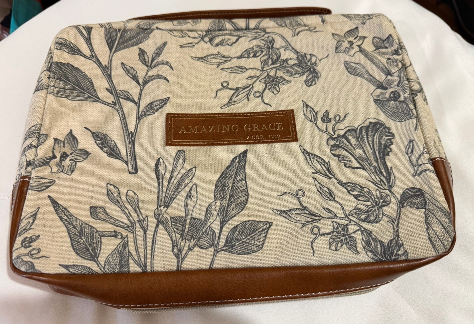 Amazing Grace Premium Natural Canvas Vegan Leather Fashion Bible Cover 9 X 12