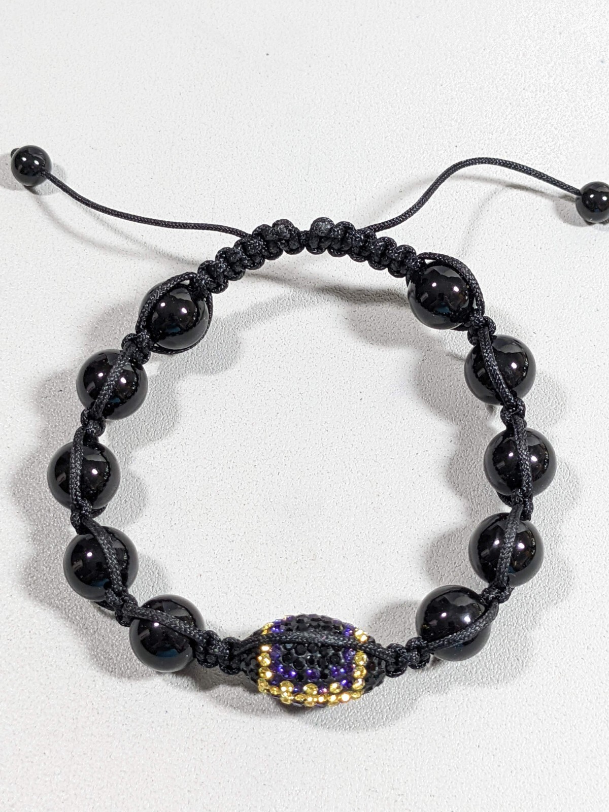 Artisan Black Glass Purple Yellow Rhinestone Football Adjustable bracelet