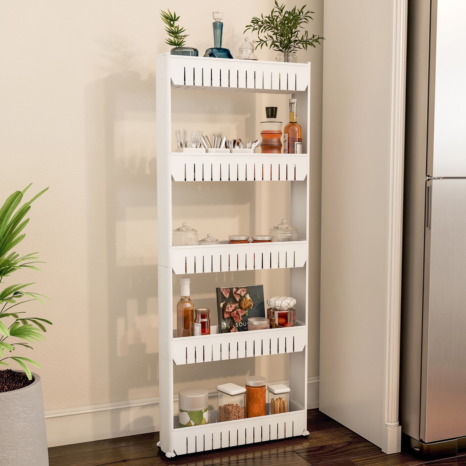 5-Tier Slim Rolling Storage Cart with Wheels (White)
