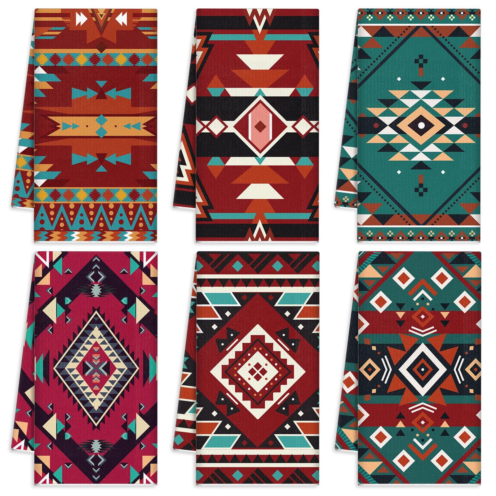 6-Pc Southwestern Kitchen Towels - Boho Aztec Hand Tea Towels with Hanging Loop