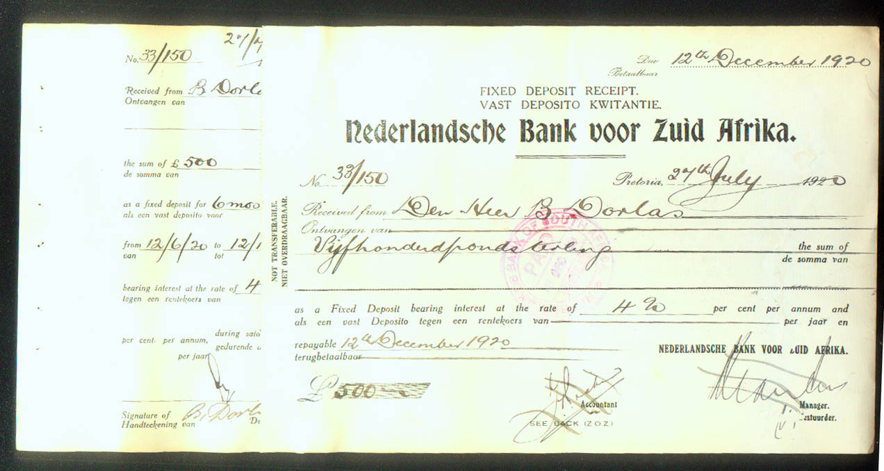 SOUTH AFRICA NEDERLANDSCHE BANK FIXED DEPOSIT REC. 1920's w COUNTERFOIL NEDBANK