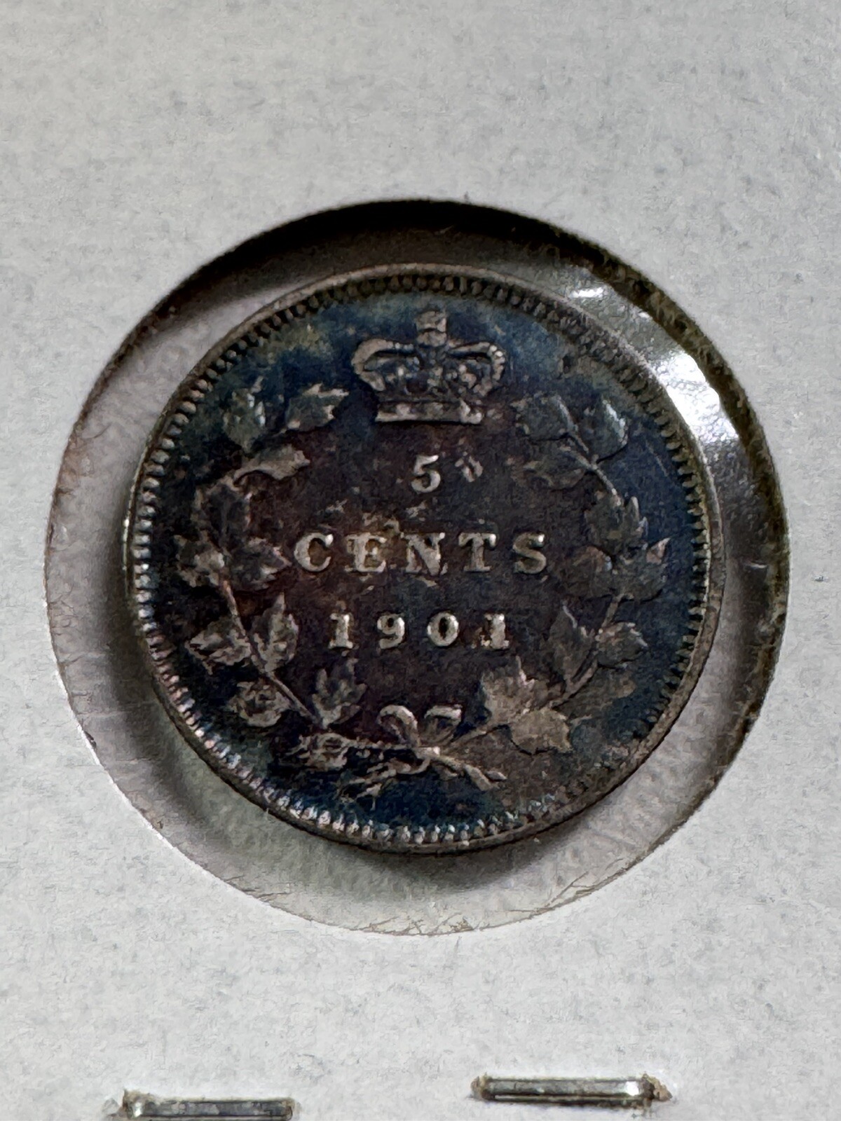 1901 Canada 5 Cents Silver Coin Damaged Toned