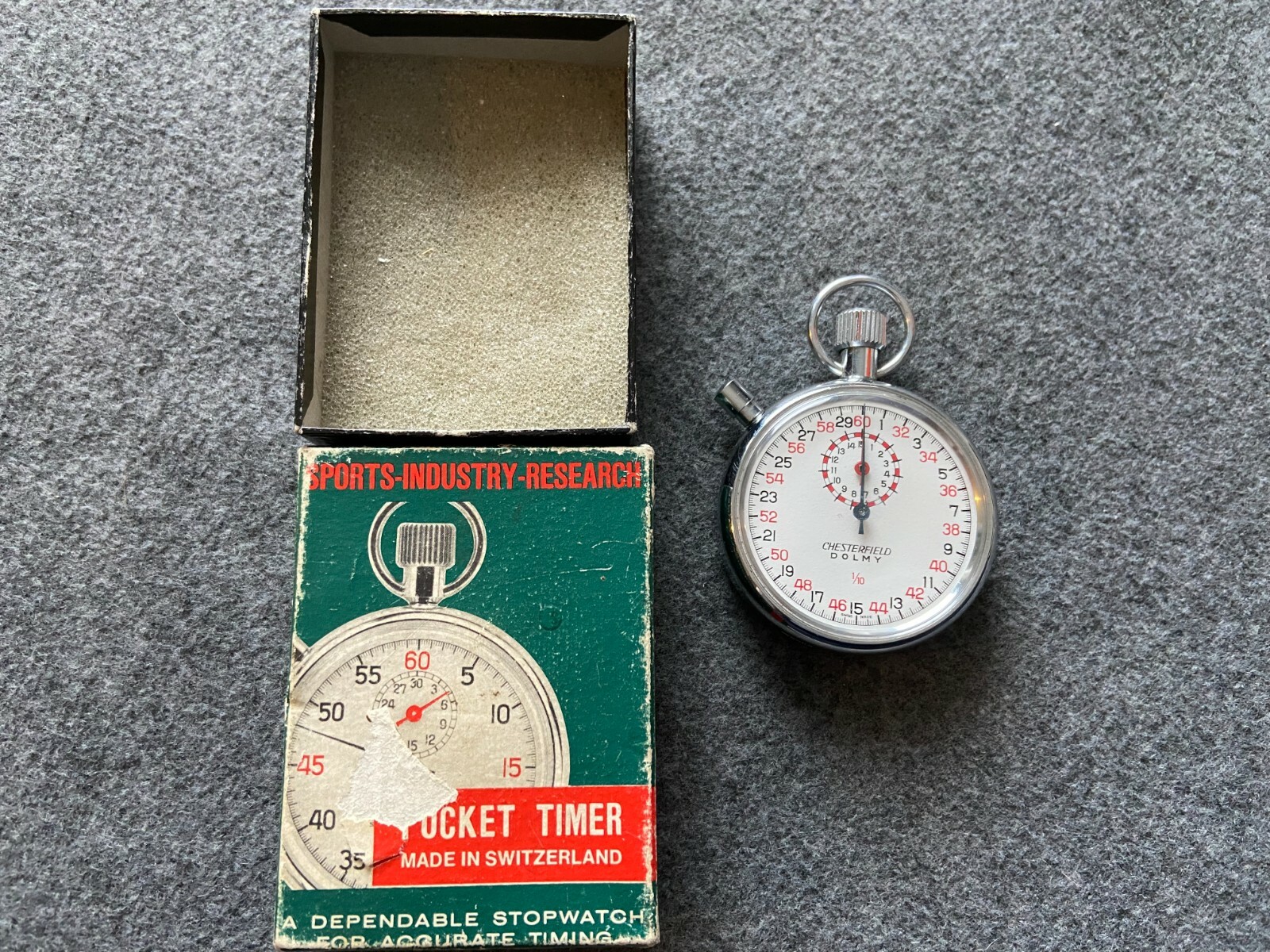 Swiss Chesterfield Dolmy 1/10 Mechanical Wind Up Vintage Stopwatch with the Box