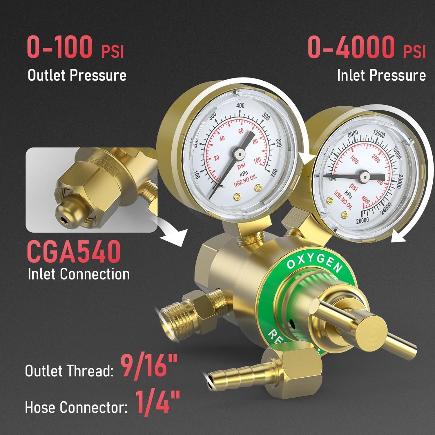 Acetylene & Oxygen Regulator, CGA540 & CGA200, with T-Handle & Hose Connector