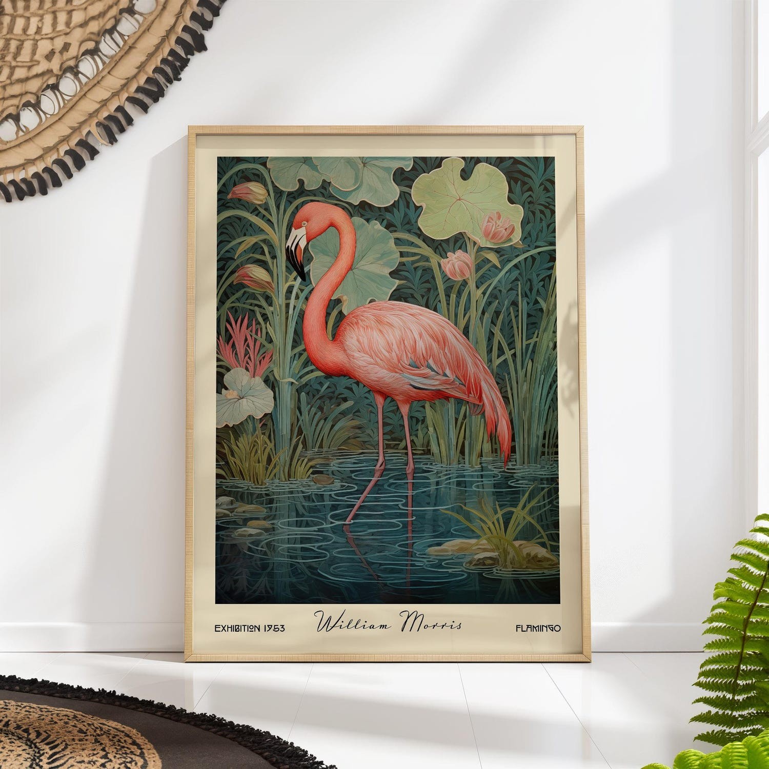 William Morris Flamingo Poster, Vintage Botanical Mid Century Wall Art
