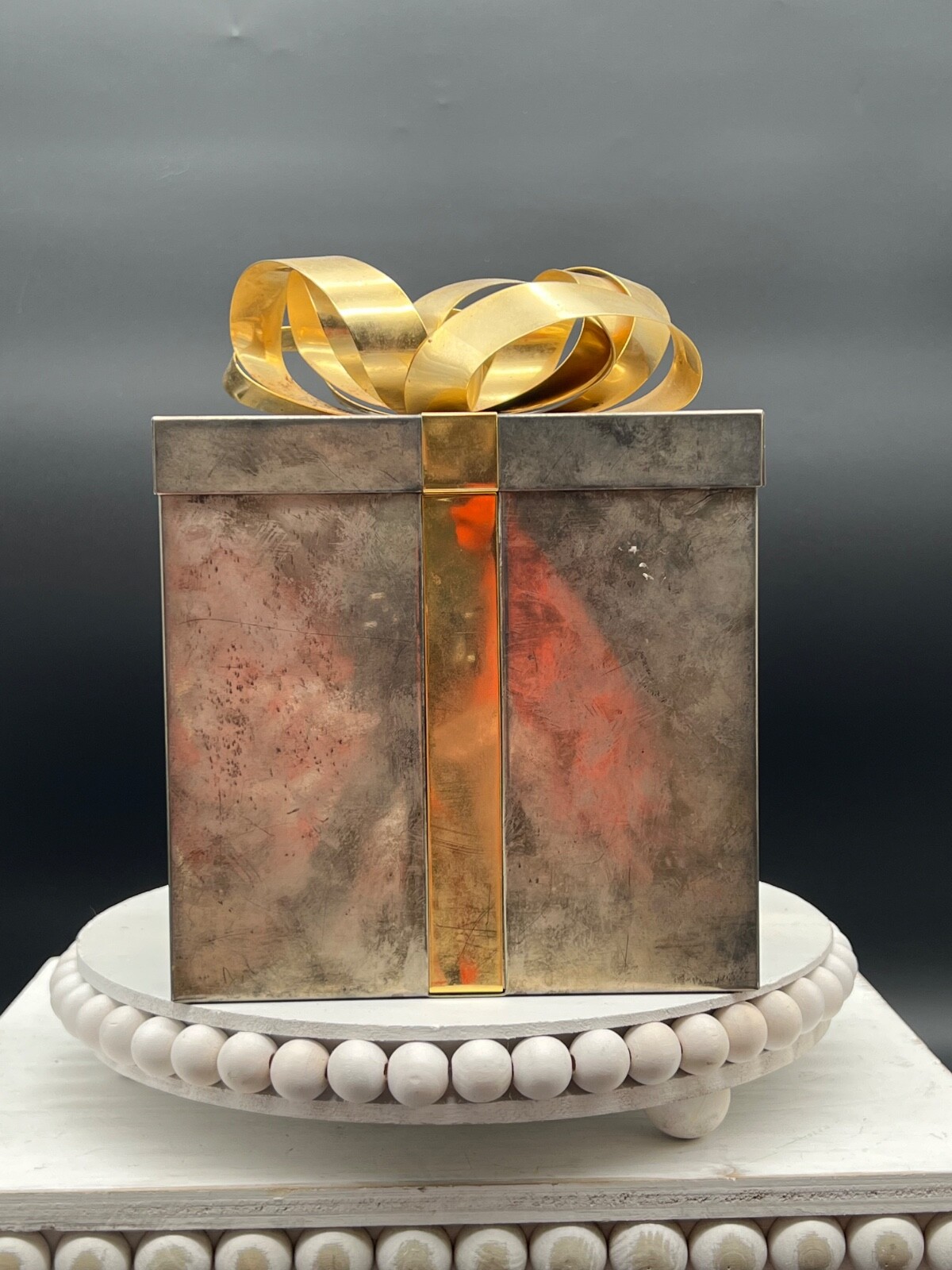 Godinger Two Tone Medium Present Box 6" Square 8"H with Bow Tarnished