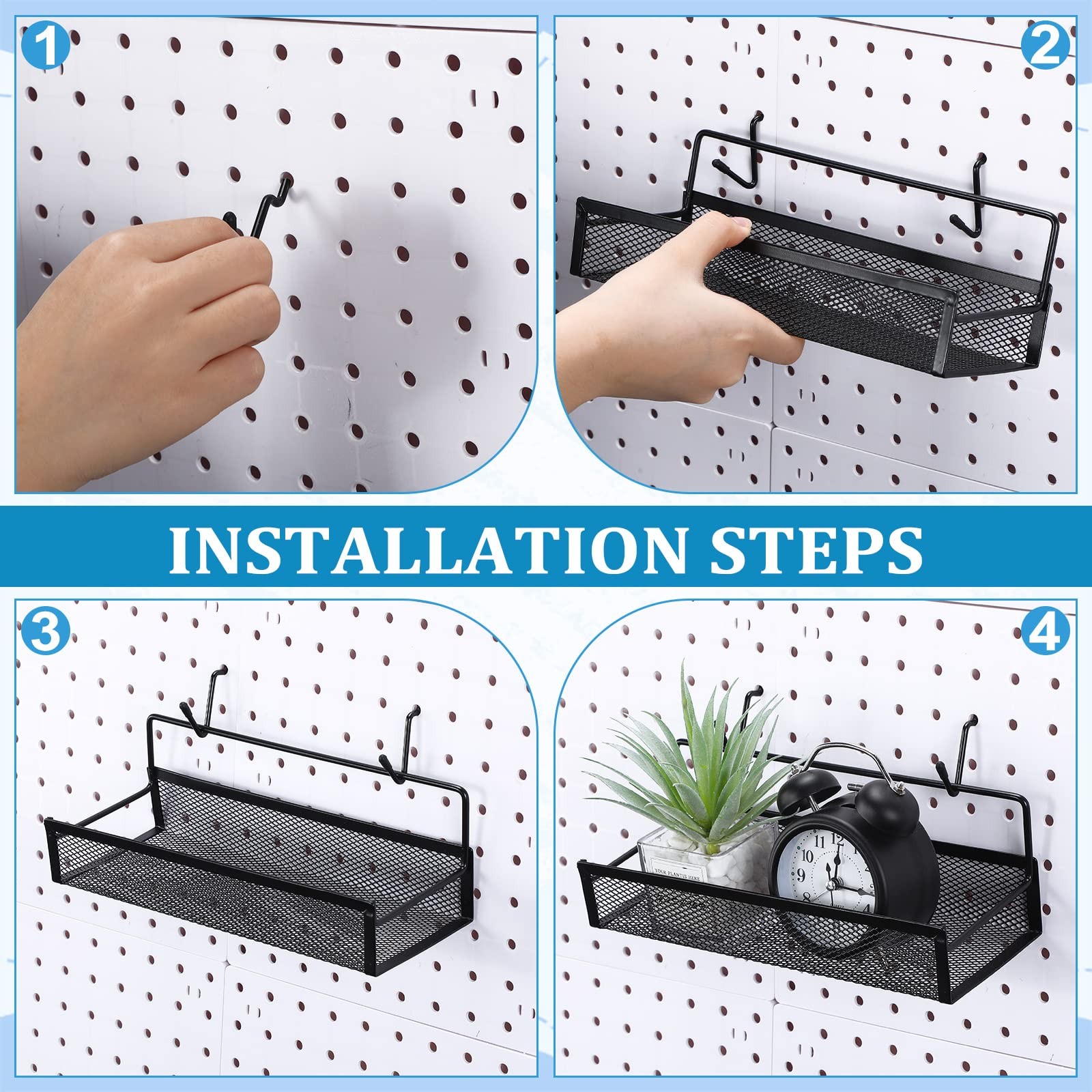 4 PCS Metal Pegboard Baskets with 8 Black Hooks Organizer Accessories