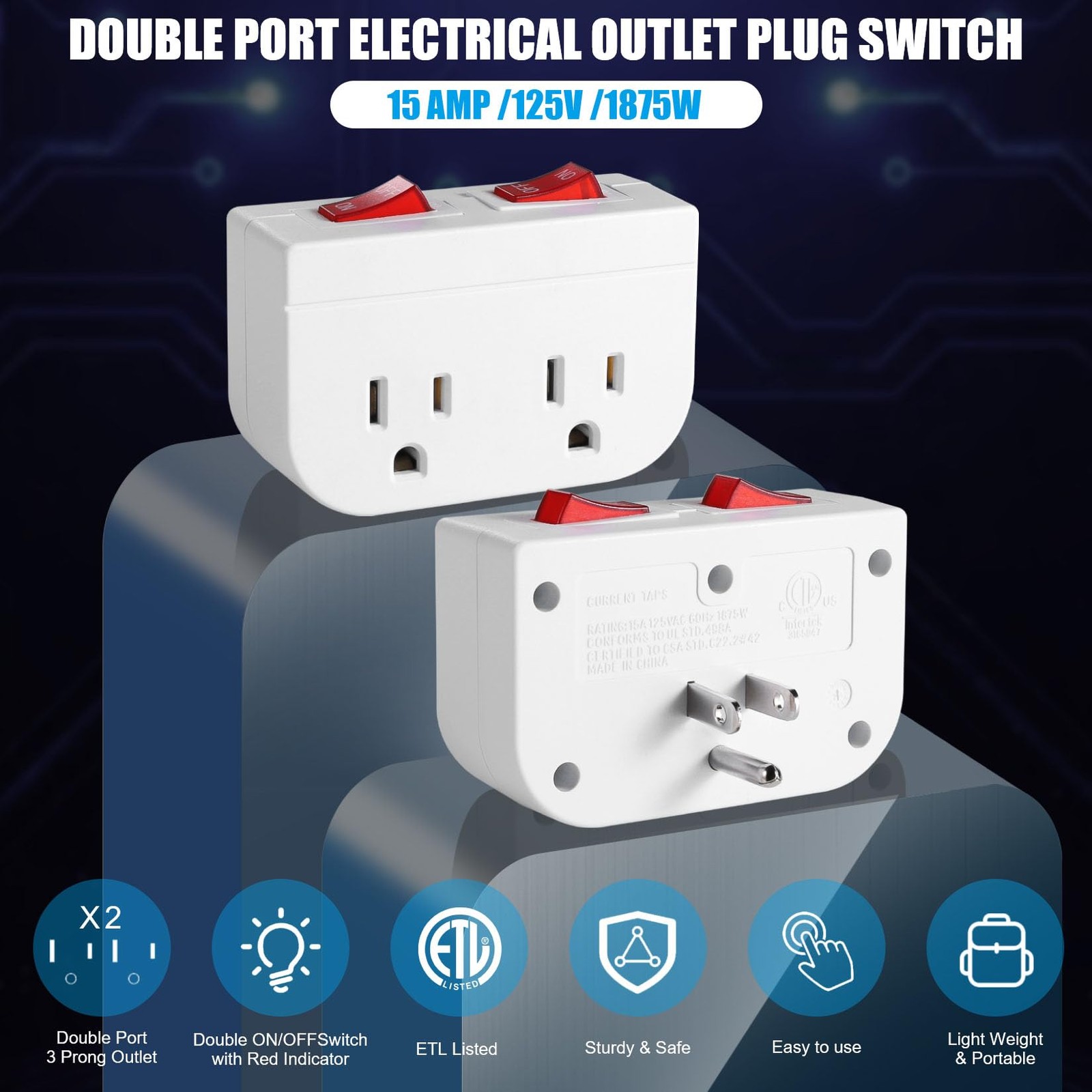 Grounded Outlet with Double ON Off Switch,VSEER 2 Port Electrical Outlet Plug...