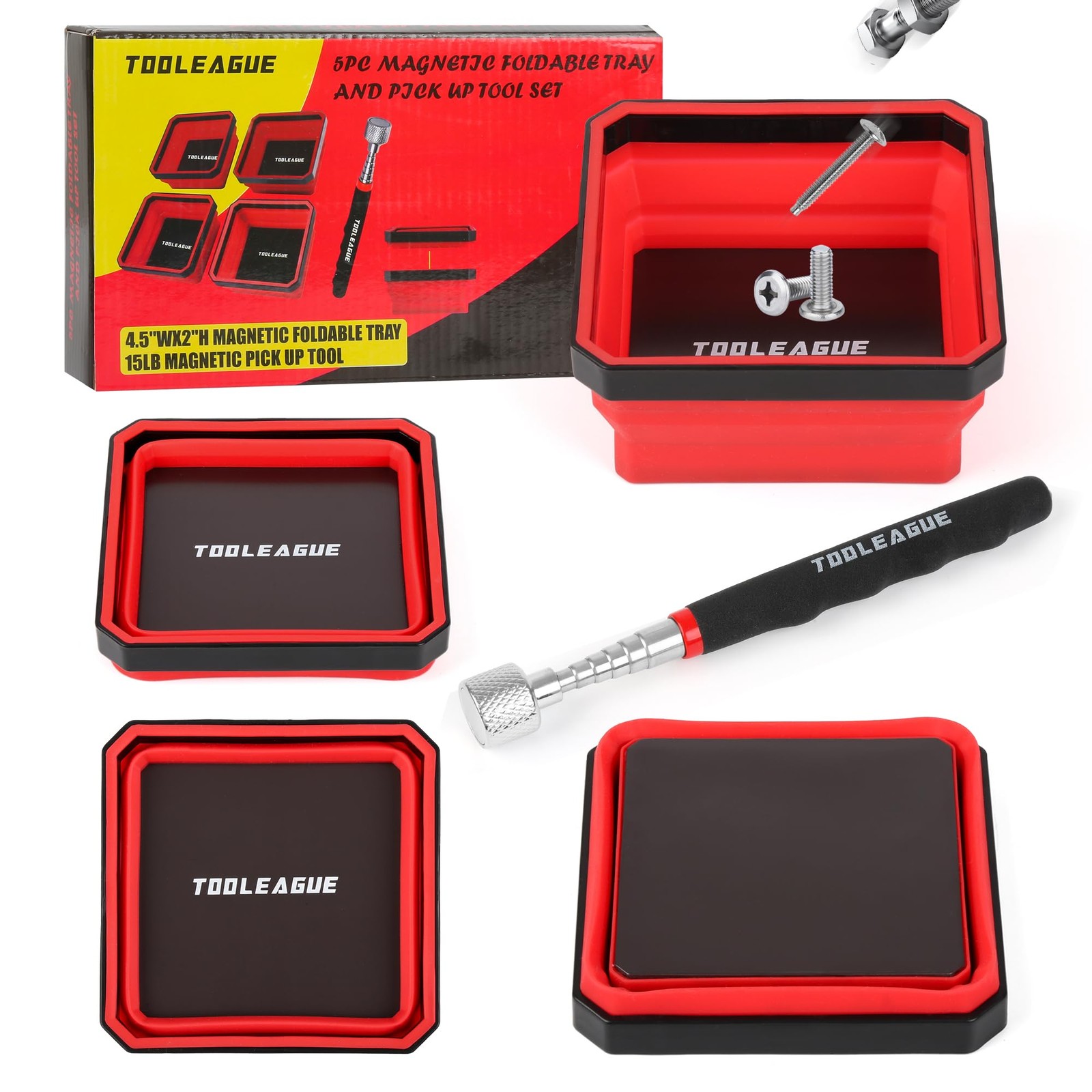 TOOLEAGUE 4Pcs Collapsible Magnetic Parts Tray Set with 15Lb 4pcs, Red