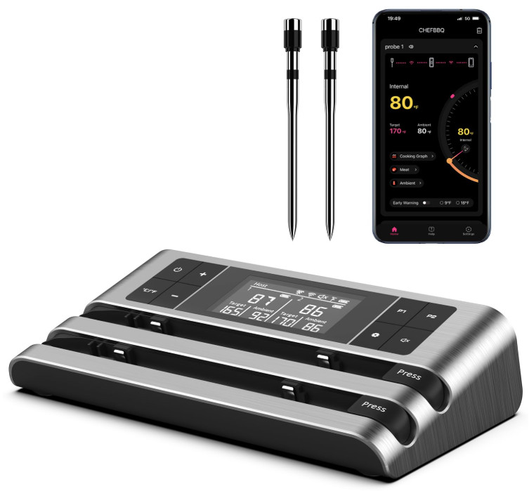 Termómetro carne inalámbrico doble sensor 500ft app control cocción, Nuevo