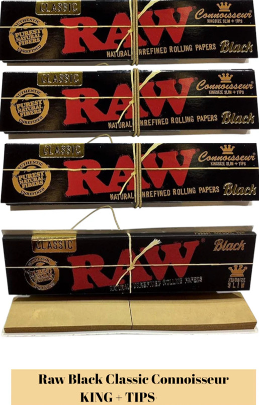 4 X Raw Black King Size Slim Connoisseur natural unrefined Rolling Papers + tips