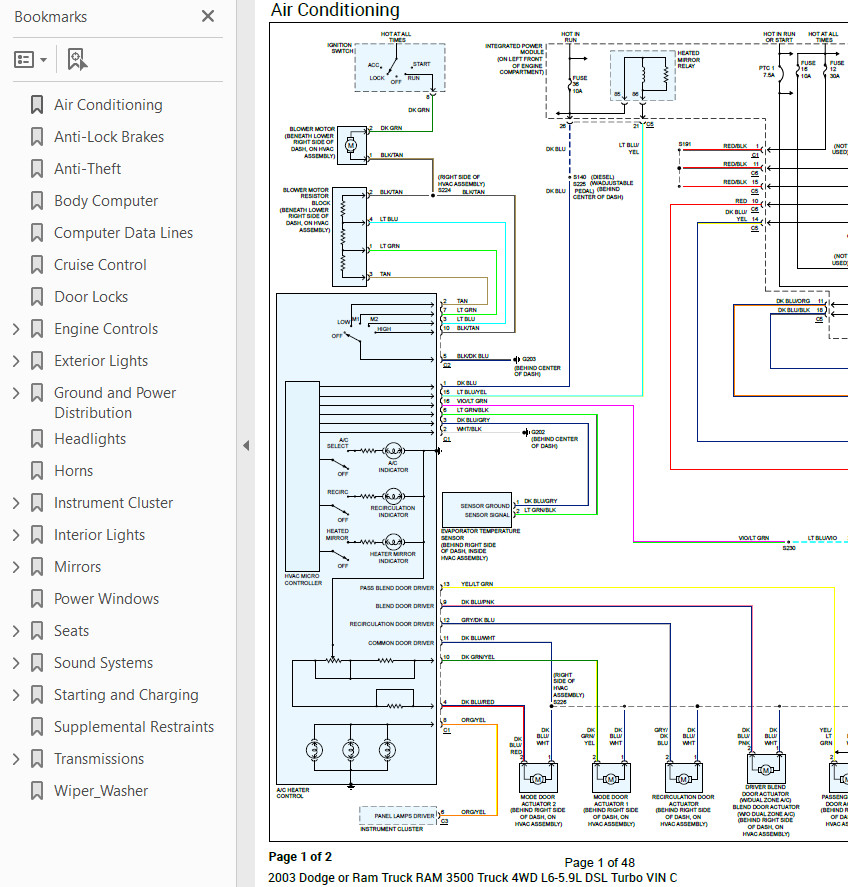 Dodge RAM 3500 2003 Color Wiring Diagrams Schematics L6 5.9L DSL 4WD pdf