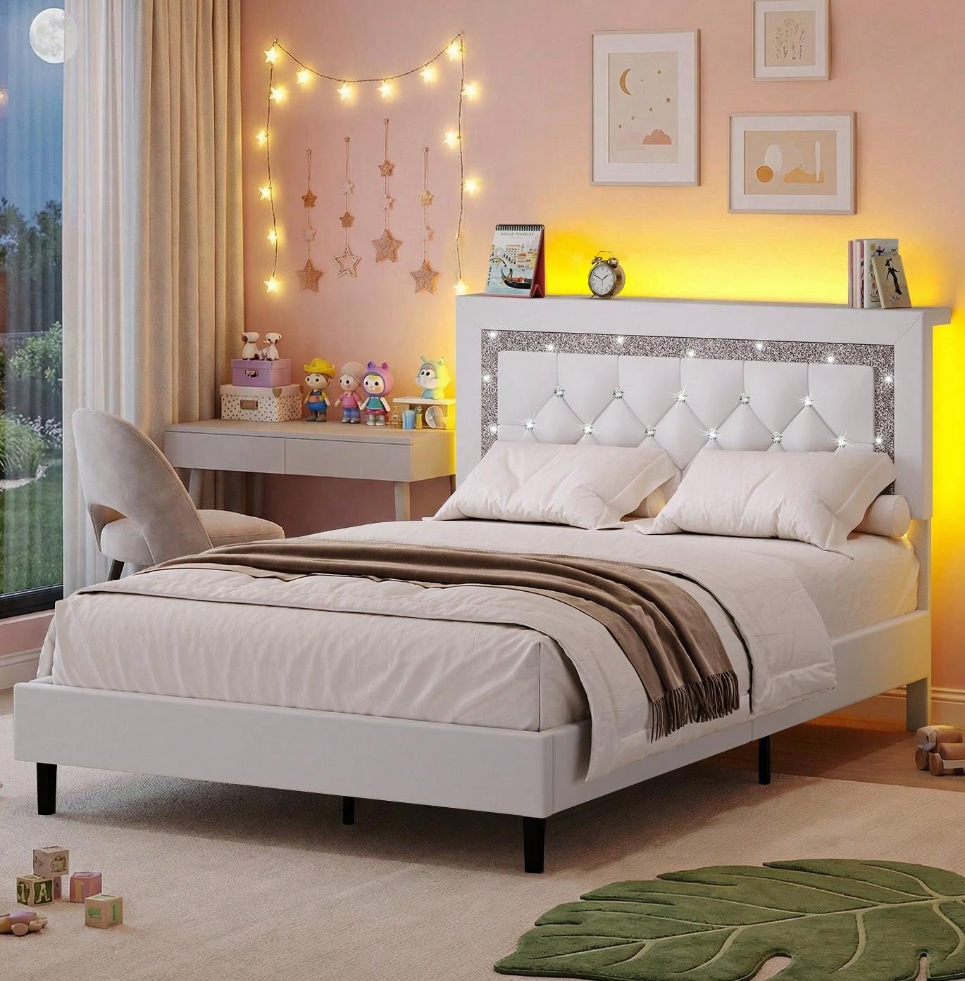 White LED Bed Frame With Diamond Tufted Headboard Queen Full Twin King