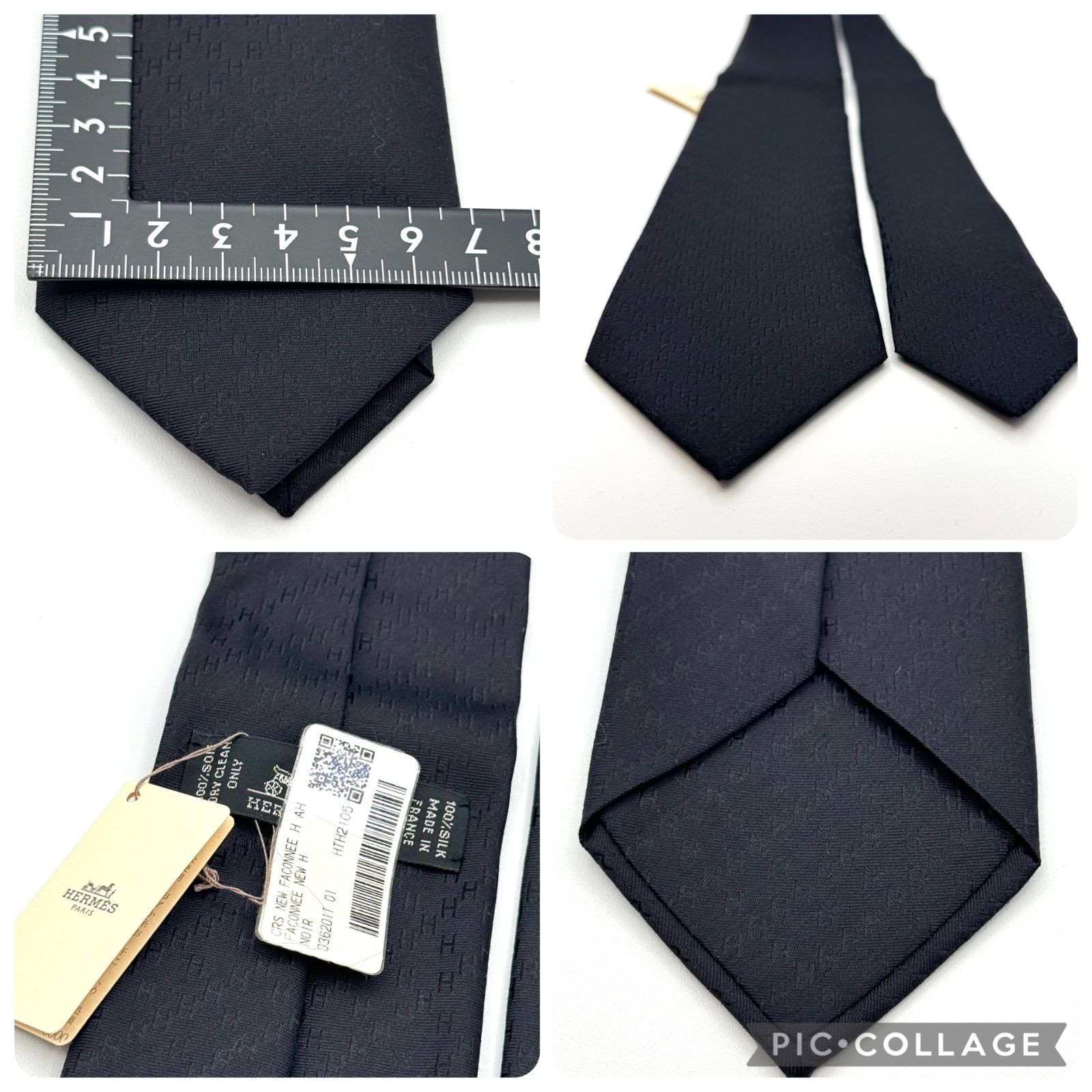 Hermes Fasone H Pattern Jacquard Black Silk Tie with Tag & Box