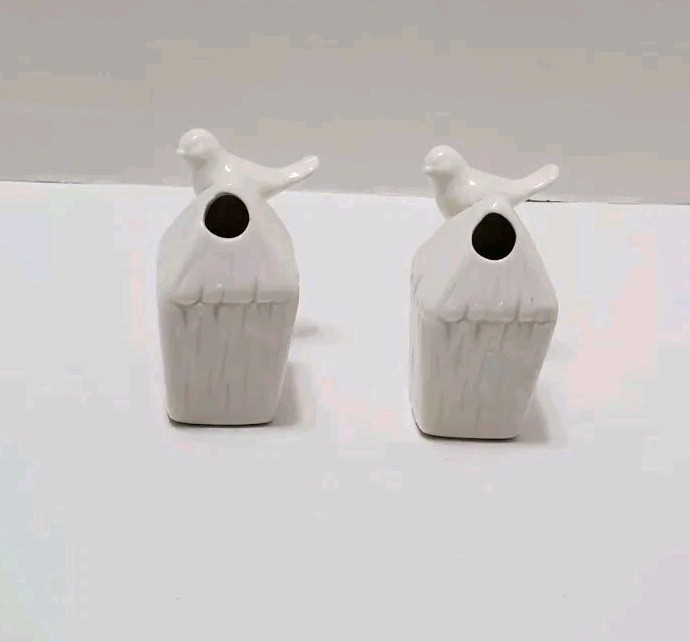 Birdhouse Shaped Toothpick Match Holder 2 Pack W/ White Birds Perched Ceramic