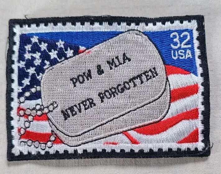 Vtg POW MIA Never Forgotten 32 Cent Stamp Iron On Embroidered Collectors Patch