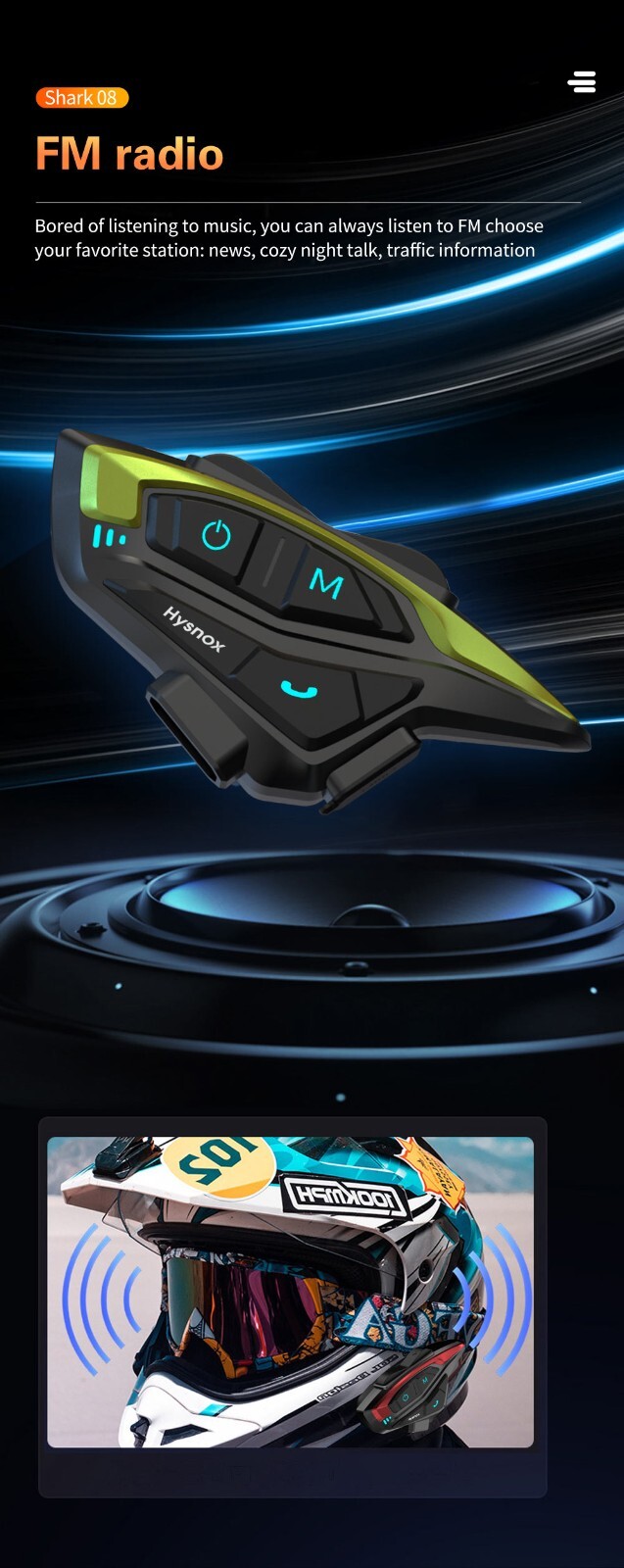 Hysnox Motorcycle Helmet Bluetooth Headset Shark-08