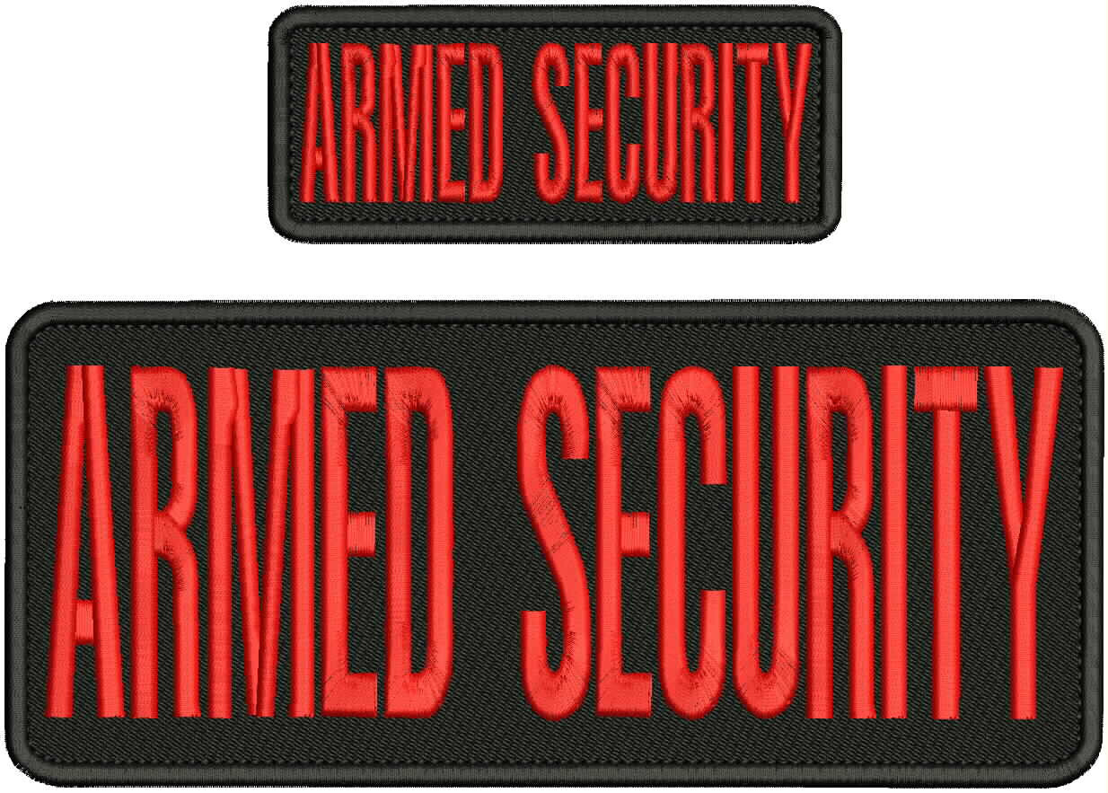 ARMED SECURITY EMBROIDERY PATCH 4X10 AND 2X5 HOOK ON BACK RED ON BLACK