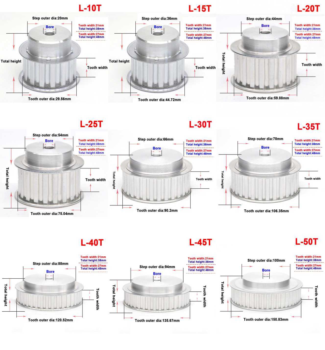 L10T-L50T L-type Pitch 3/8" Tooth Width 21/27mm Timing Belt Pulley Sprockets