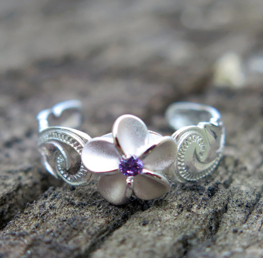 Sterling Silver Hawaii Plumeria Hawaiian Scroll Purple CZ Cut Out Edge Toe Ring