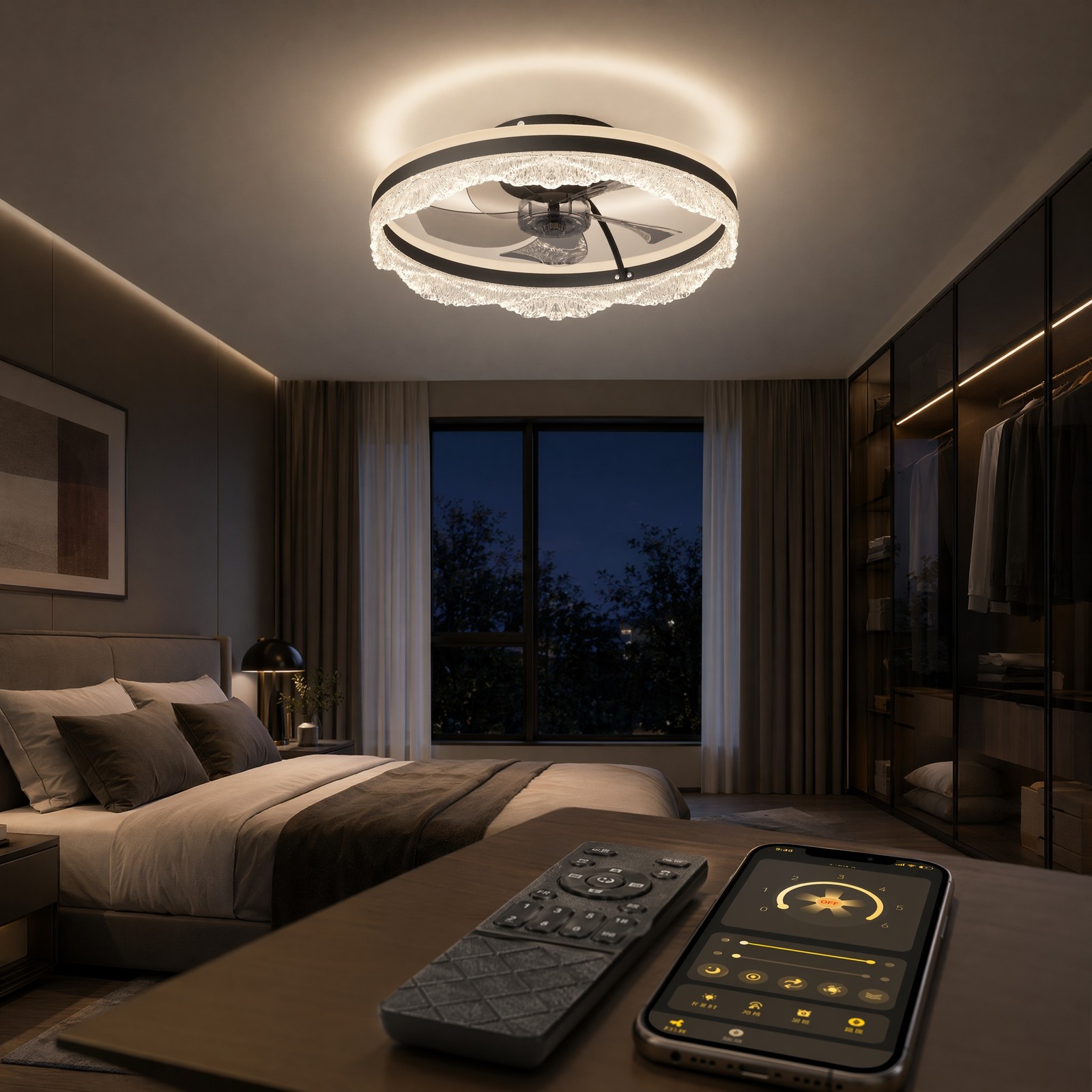 20'' Ceiling Fan LED UP Down Light Wave Design Flush Mount Remote APP Control