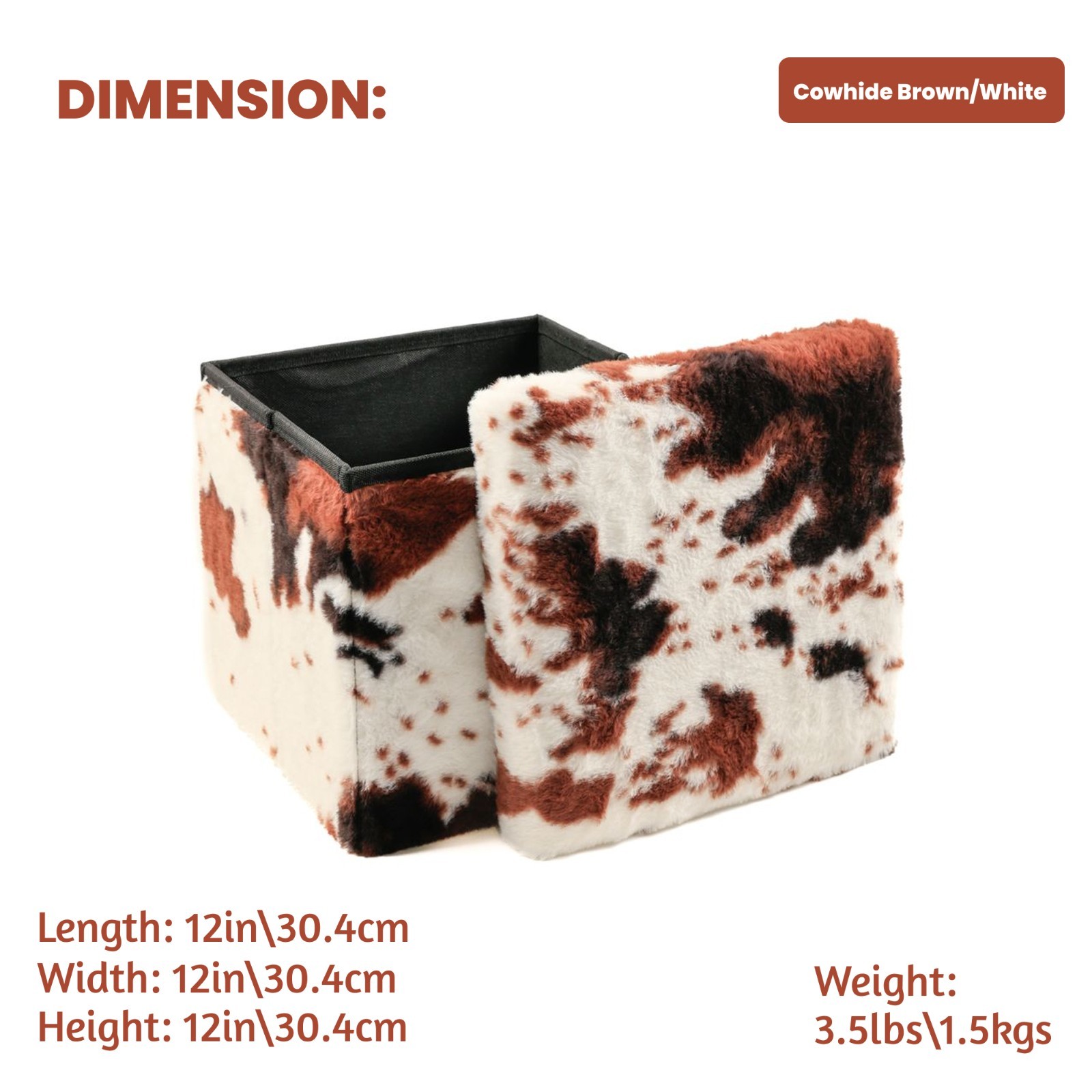 Small Cube Cowhide Brown and white Faux Fur Storage Ottoman | Cube Ottoman | Squ