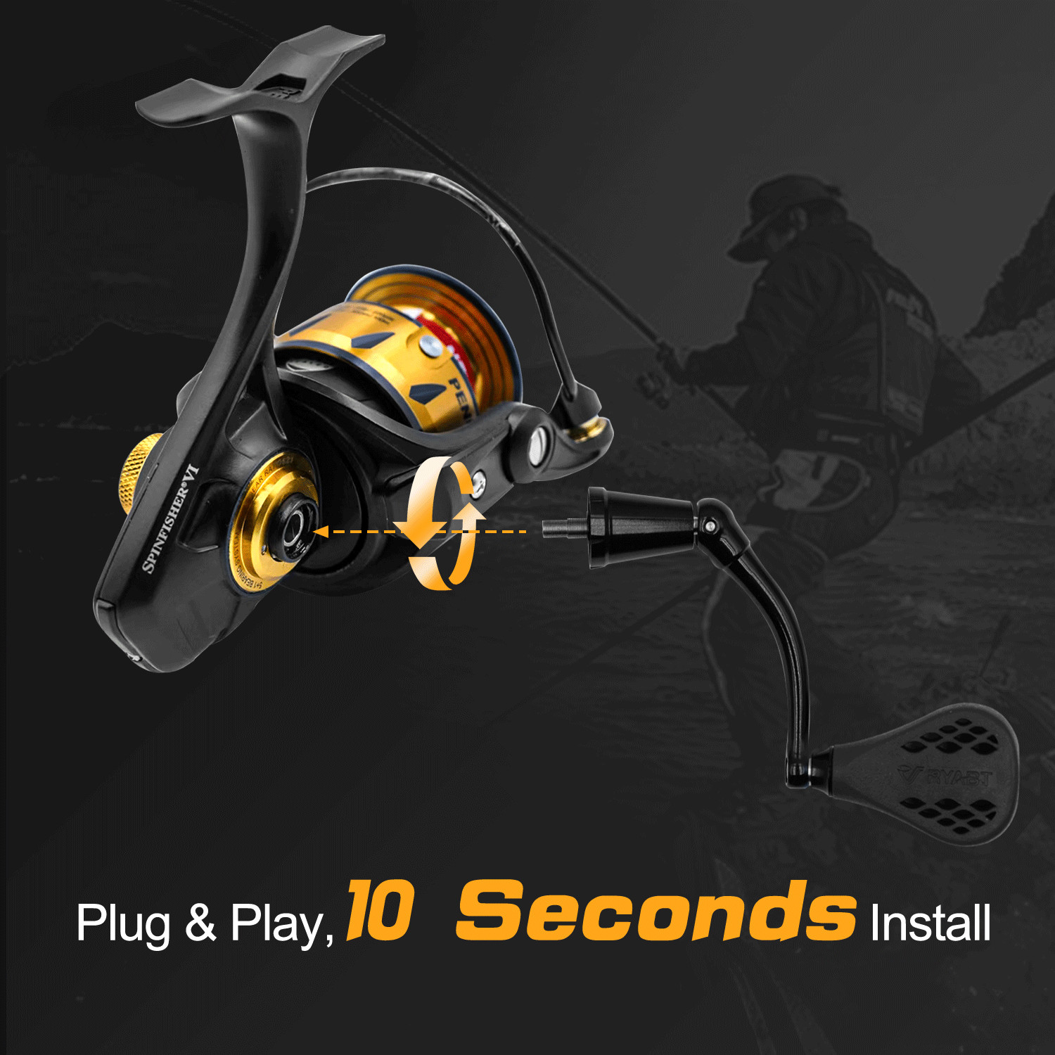 66mm Power Handle for Penn Spinfisher VI VII Slammer III With TPE35 Black Knob