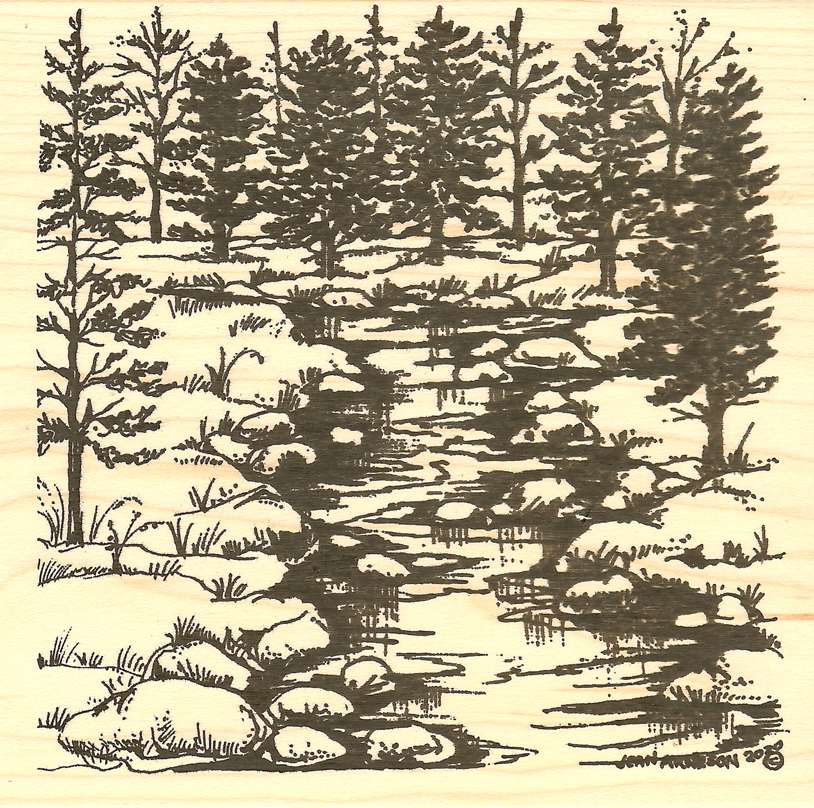 Pines And Stream NORTHWOODS Wood Mounted Rubber Stamp NEW PP10770