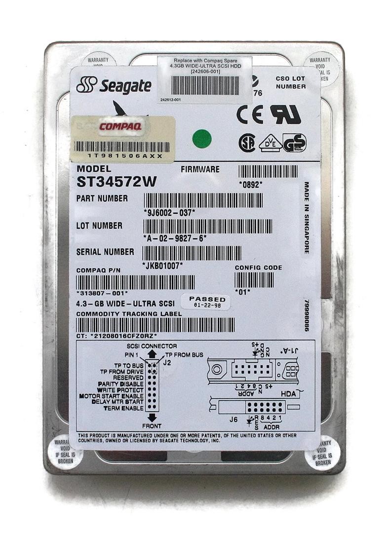 Hdd, 4gb scsi, st34572w p/n: 9j6002-049 f/w: 0784, 68 pin