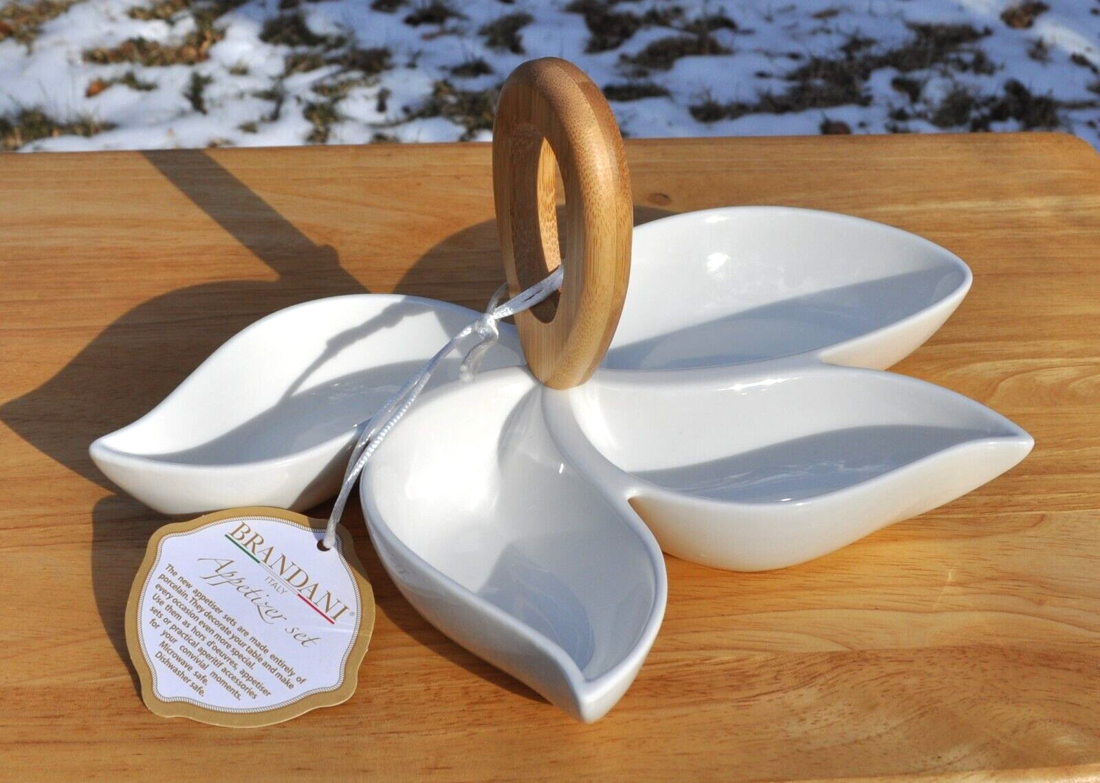 4 Part Lotus Caddy w/ Handle White Porcelain Appetizers Snacks Brandini Italy