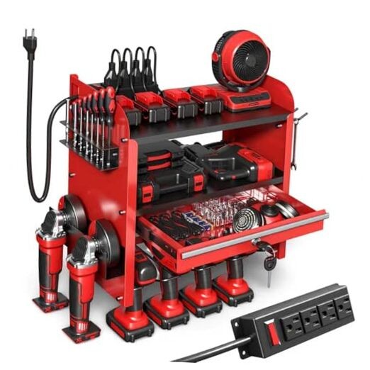 Power Tool Organizer Wall Mount with Drill Rack & Locking Drawers - Heavy Red