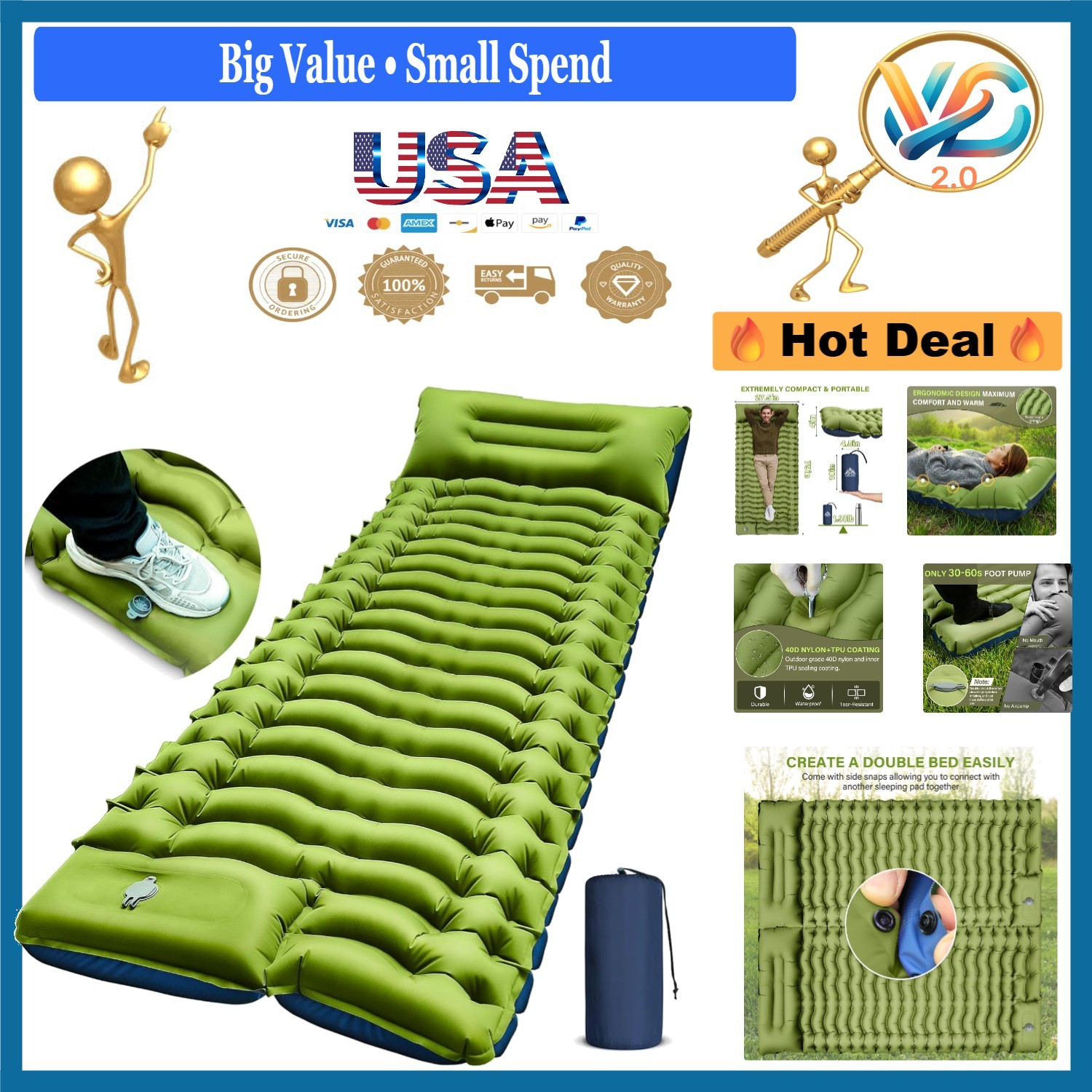 Ultralight Camping Sleeping Pad Inflatable Mat with Pillow Waterproof