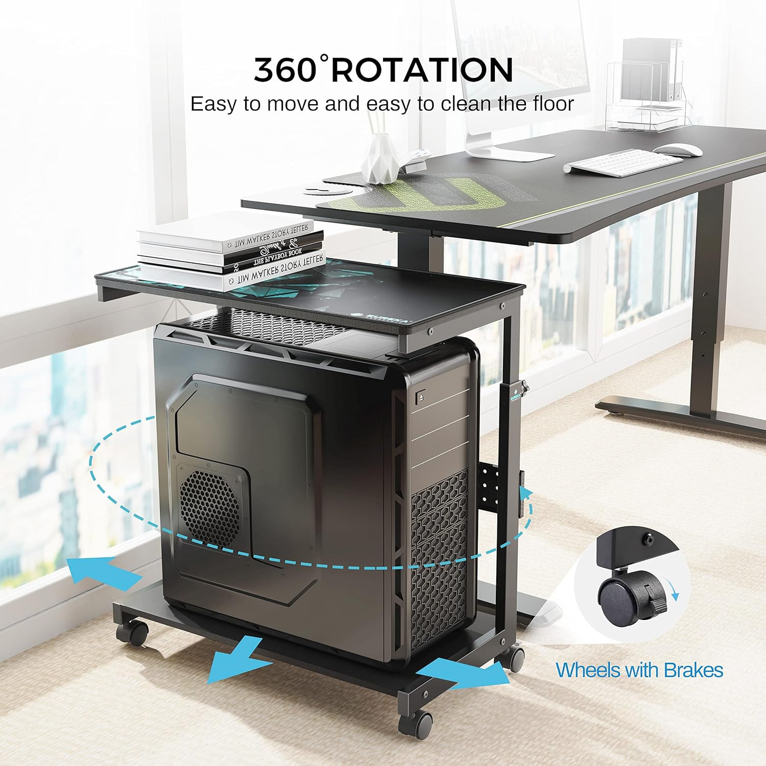 PC Stand Computer Cart, Height Adjustable Tower Stand 2-Tier Suit for ATX Case P