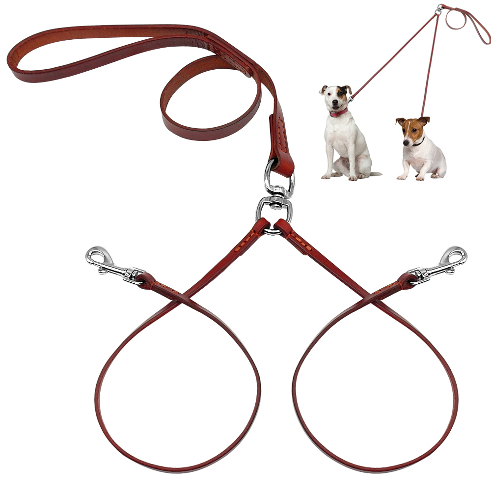 Double Dog Leash Coupler for Small Large Dogs Leather 2 Ways Walking Leads Lead