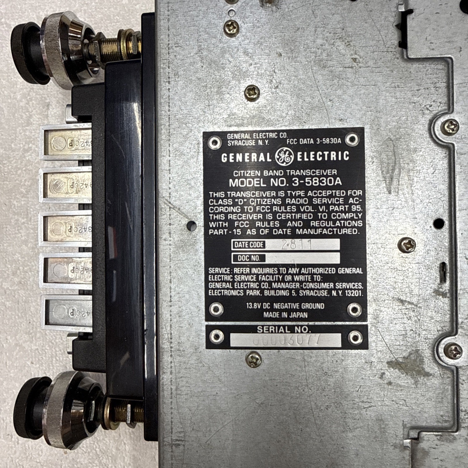 General Electric Citizen Band Transceiver Model No. 3- 5830A