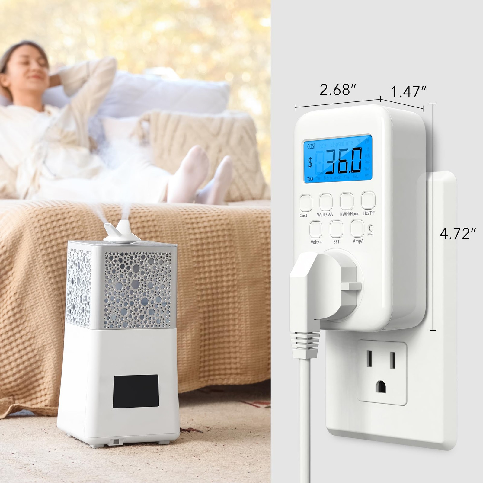 HBN Watt Meter Plug with Backlight, Plug-in Socket Power 1 Pack, White