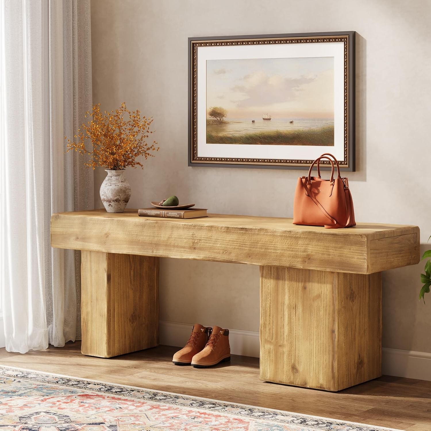 47-Inch Farmhouse Thickened Solid Wood Entryway Bench with Artistic Legs,Natural
