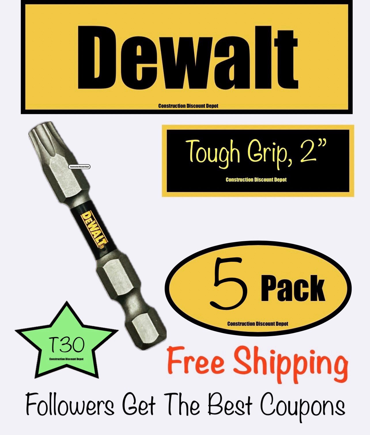 Small 5 Pack of  DeWalt IMPACT READY 2" TOUGH GRIP Bit Set Torx T30 T-30